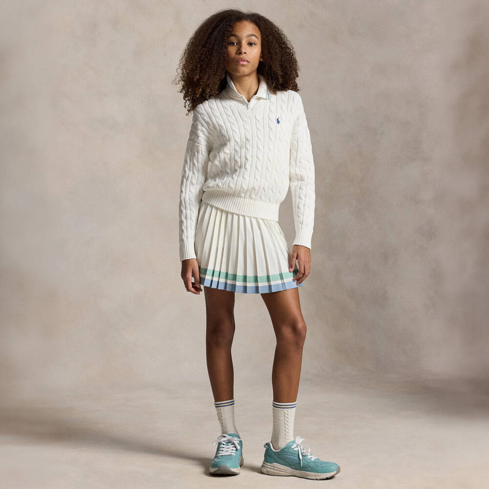 Ralph Lauren-Girls White Pleated Jersey Skort with Striped Trim | Childrensalon