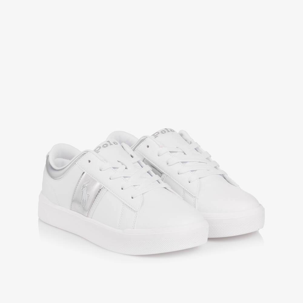 Ralph Lauren-Girls White & Silver Faux Leather Logo Lace-Up Trainers | Childrensalon