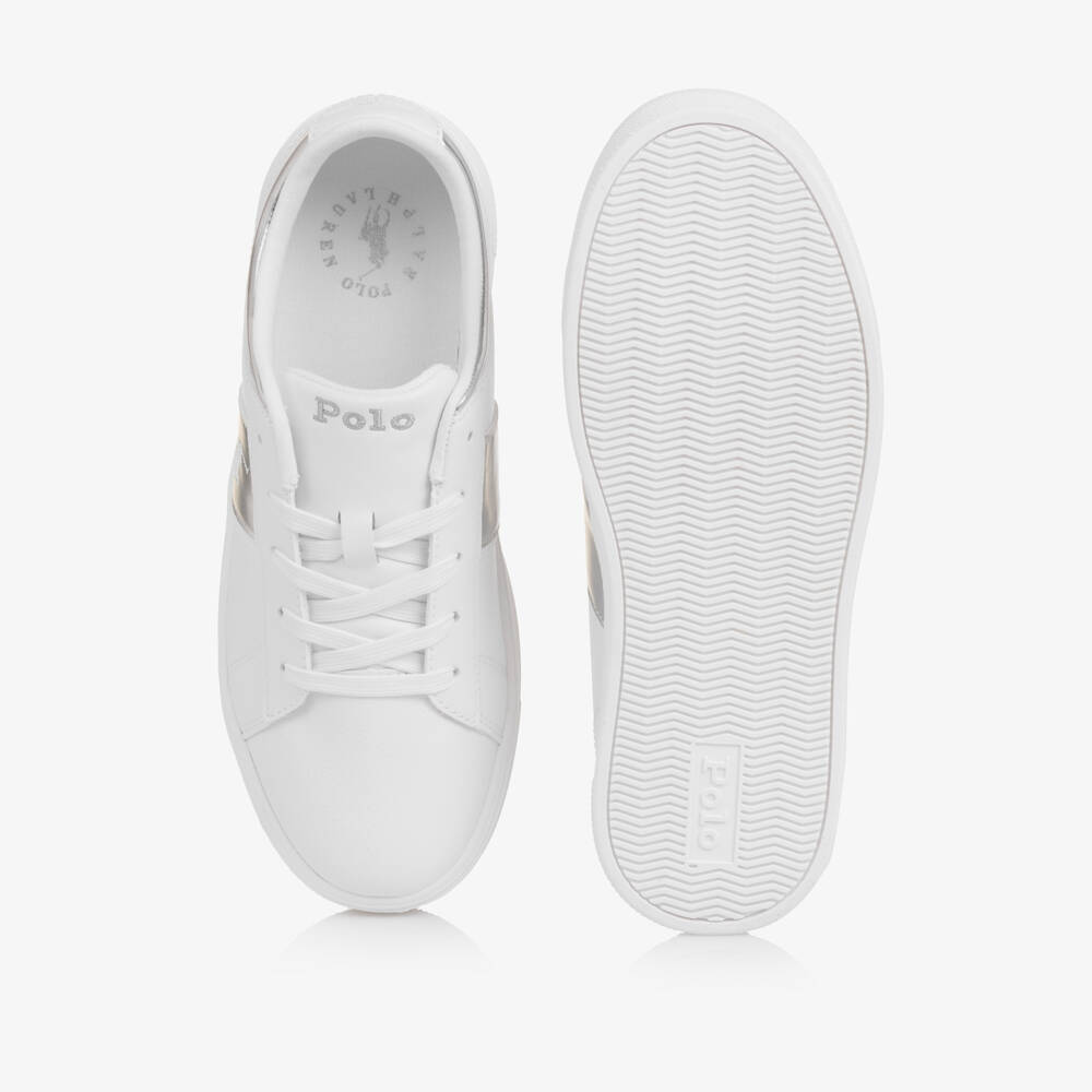 Ralph Lauren-Girls White & Silver Faux Leather Logo Lace-Up Trainers | Childrensalon