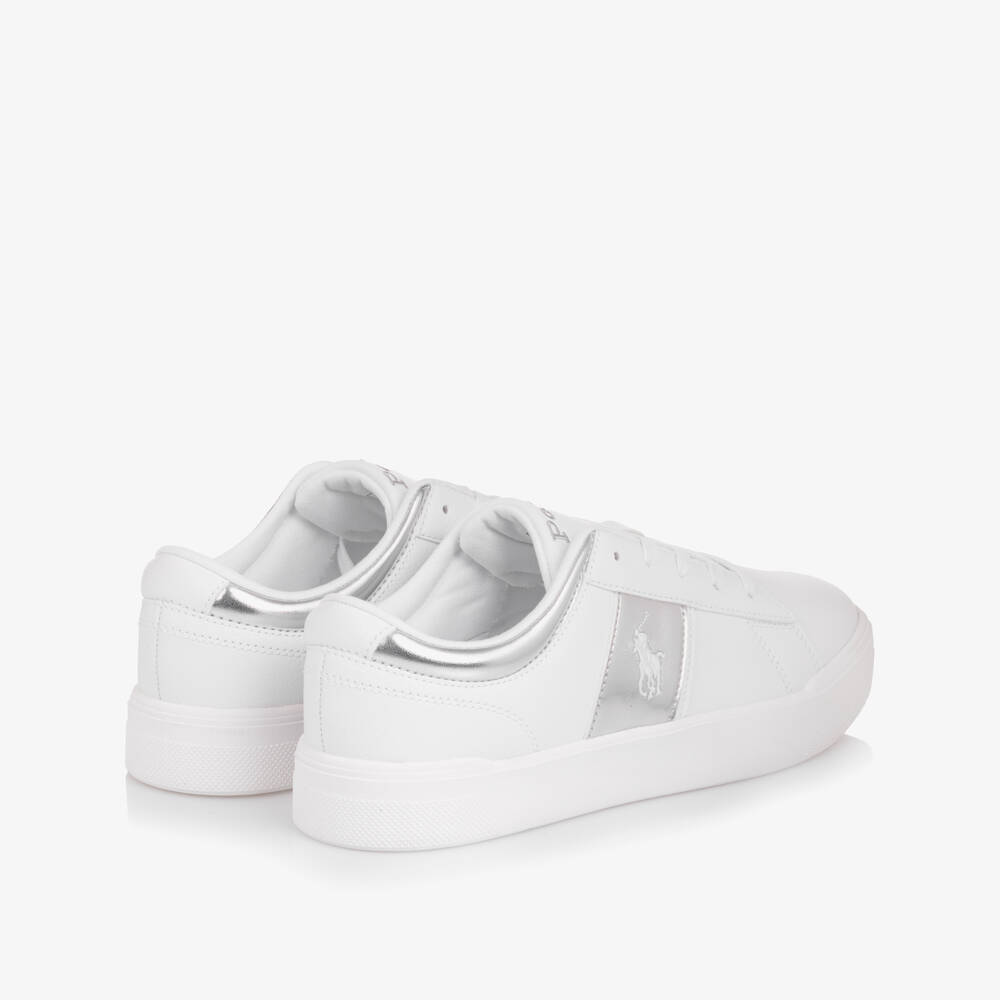Ralph Lauren-Girls White & Silver Faux Leather Logo Lace-Up Trainers | Childrensalon