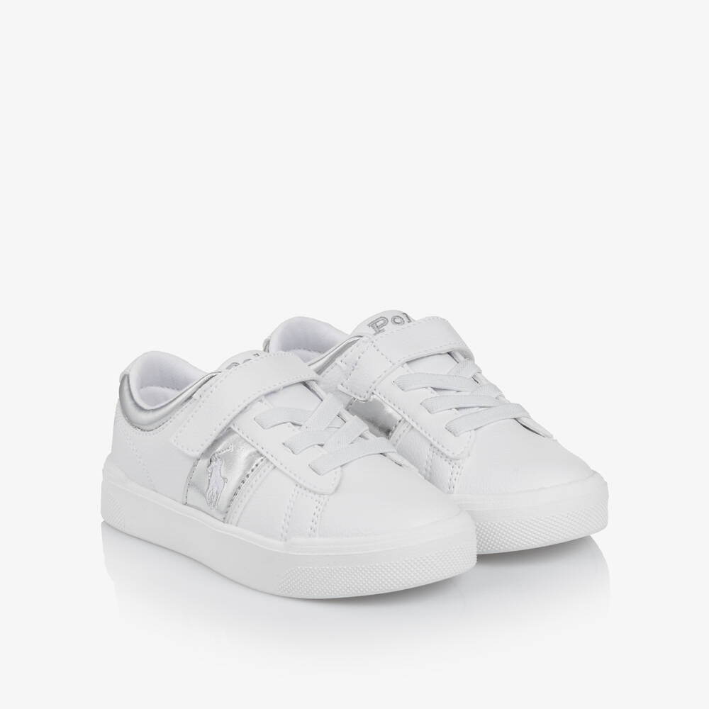 Ralph Lauren-Girls White & Silver Faux Leather Trainers | Childrensalon