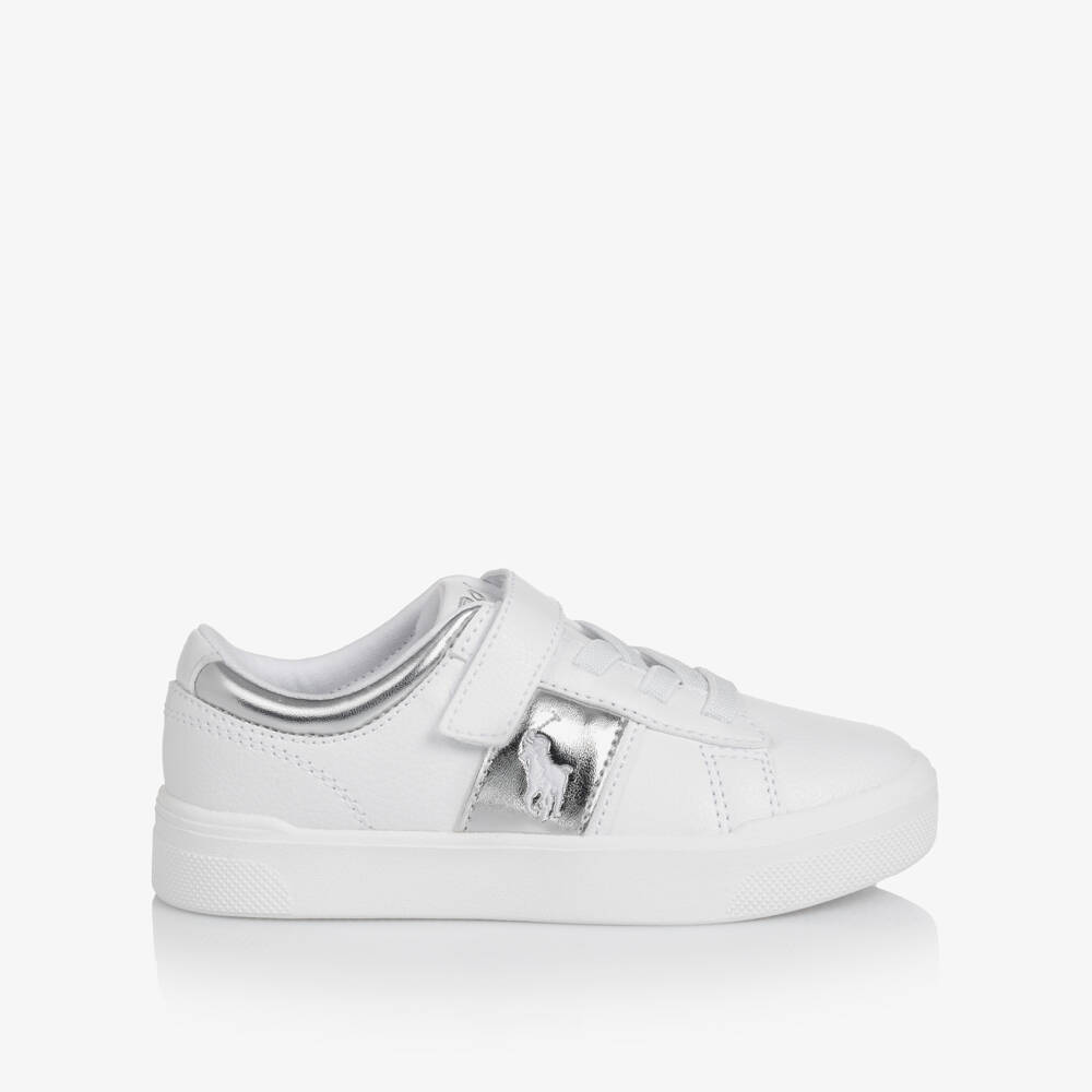 Ralph Lauren-Girls White & Silver Faux Leather Trainers | Childrensalon