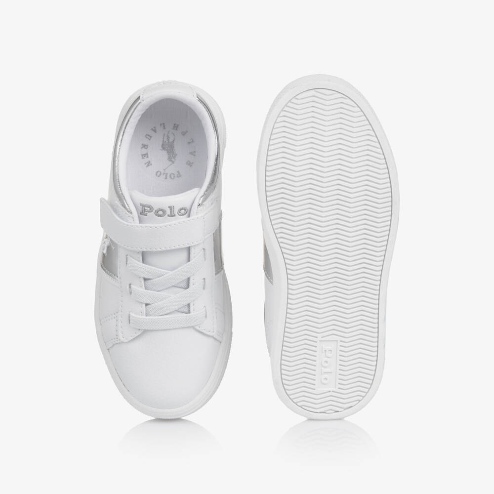 Ralph Lauren-Girls White & Silver Faux Leather Trainers | Childrensalon