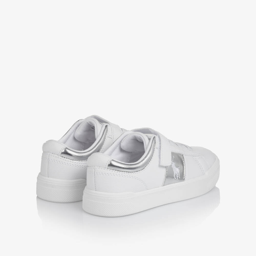 Ralph Lauren-Girls White & Silver Faux Leather Trainers | Childrensalon