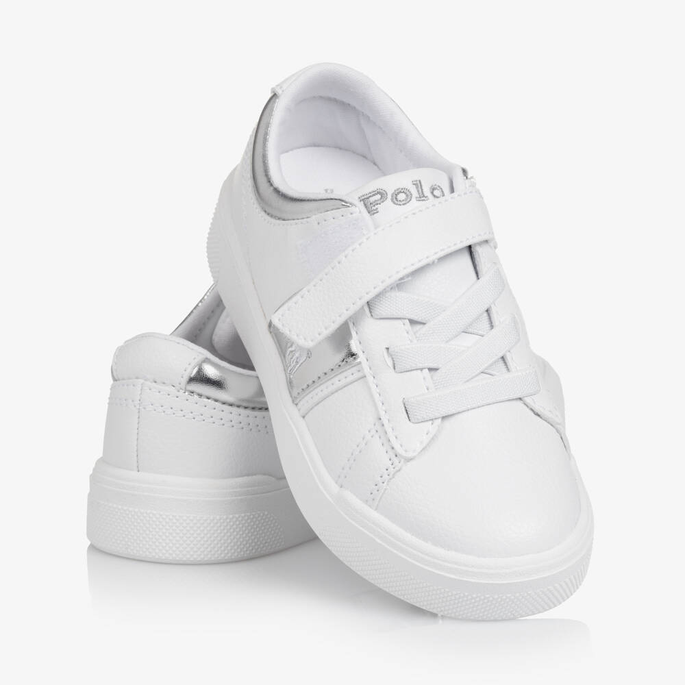 Ralph Lauren-Girls White & Silver Faux Leather Trainers | Childrensalon