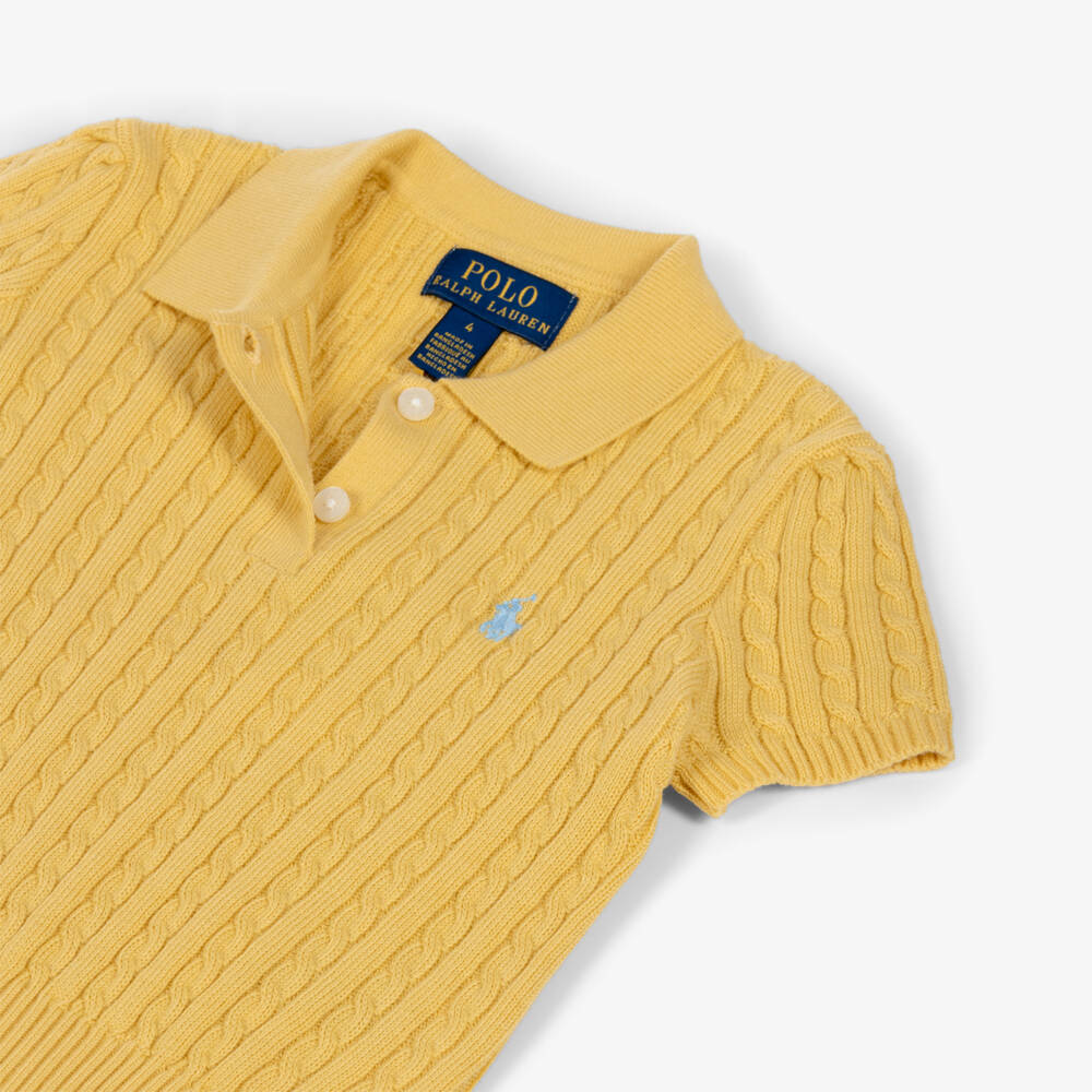 Ralph Lauren-Girls Yellow Cotton Cable Knit Polo Shirt | Childrensalon