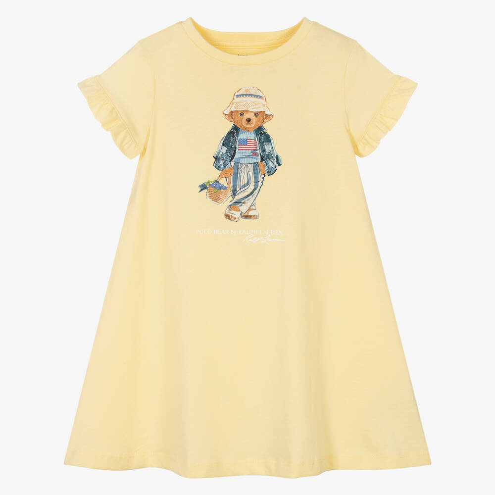 Ralph Lauren-Girls Yellow Cotton Jersey Dress with Polo Bear Motif | Childrensalon