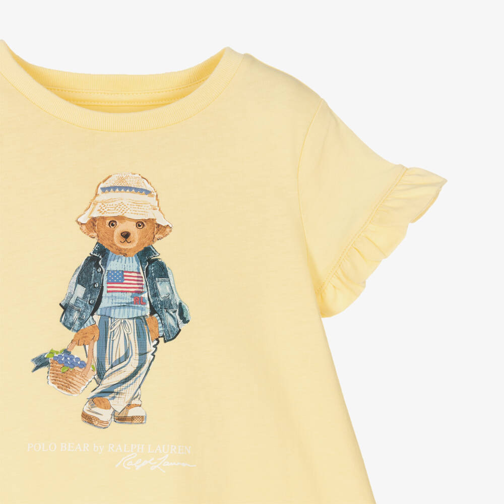 Ralph Lauren-Girls Yellow Cotton Jersey Dress with Polo Bear Motif | Childrensalon