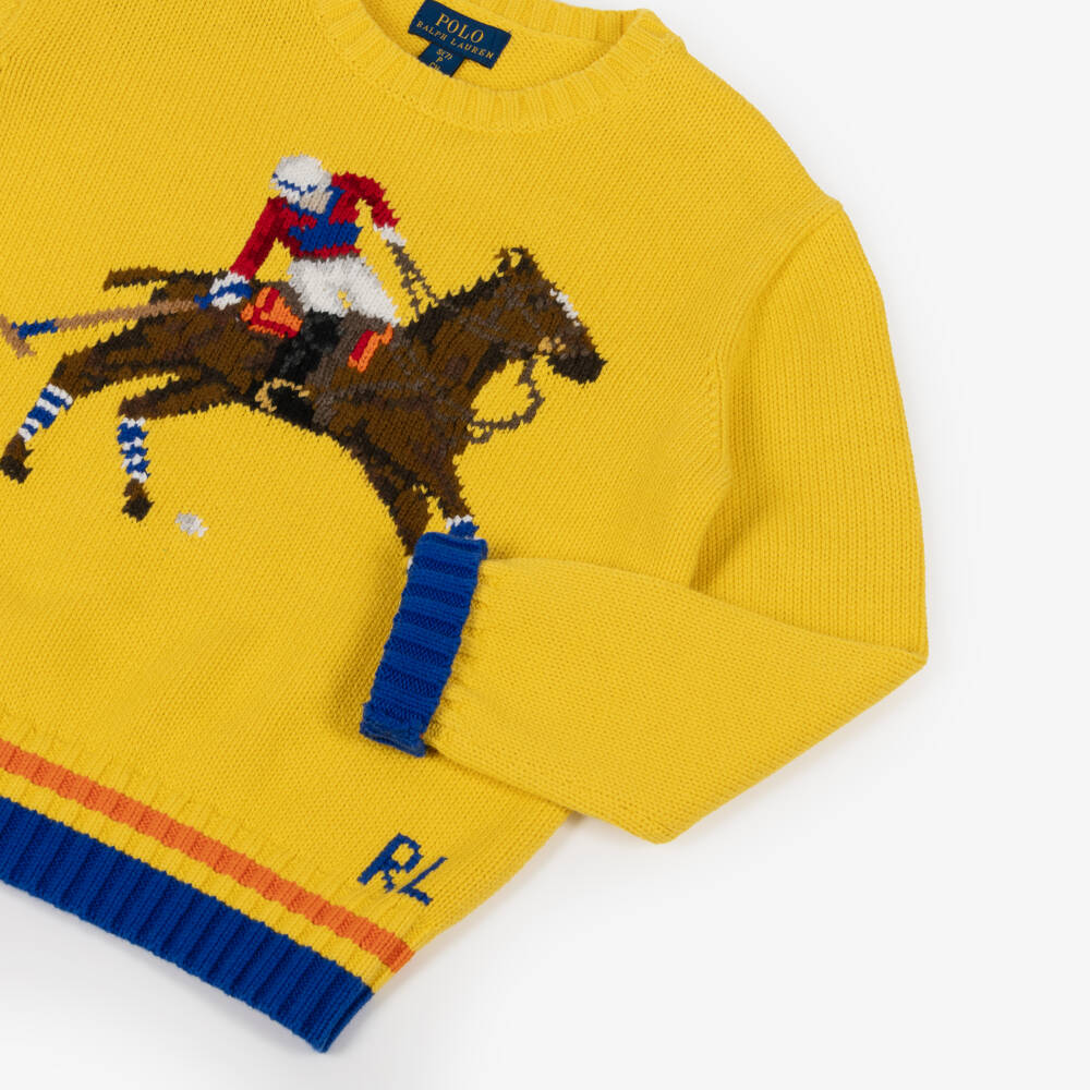 Ralph Lauren-Свитер желтый из хлопкового трикотажа с игроком в поло для девочек | Childrensalon
