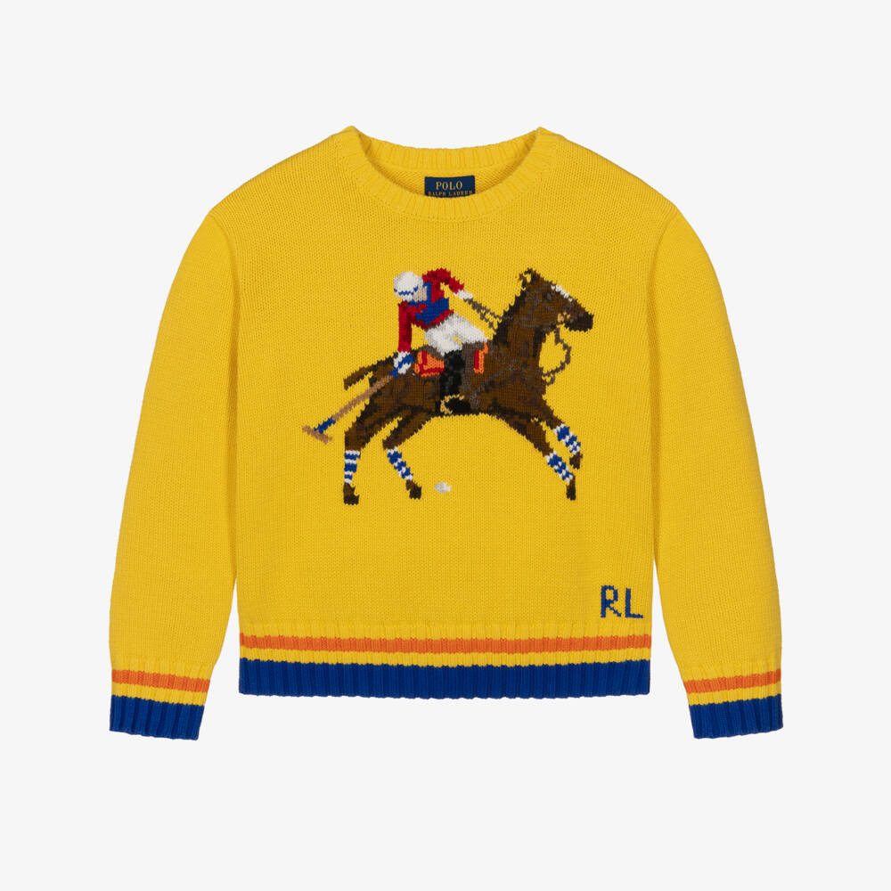 Ralph Lauren-Свитер желтый из хлопкового трикотажа с игроком в поло для девочек | Childrensalon