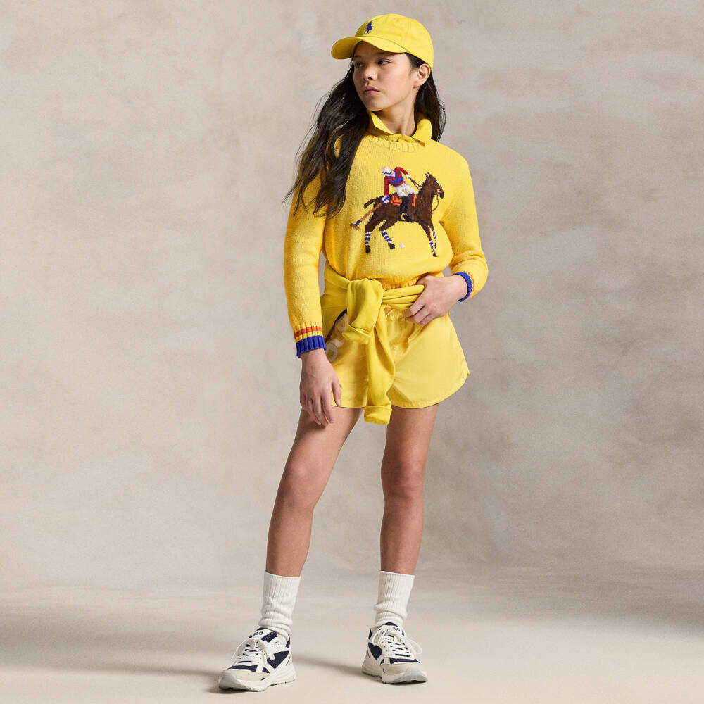 Ralph Lauren-Свитер желтый из хлопкового трикотажа с игроком в поло для девочек | Childrensalon