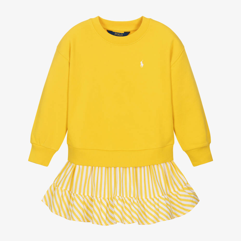 Ralph Lauren-Girls Yellow Cotton Sweatshirt Dress with Stripes & Pony Logo | Childrensalon