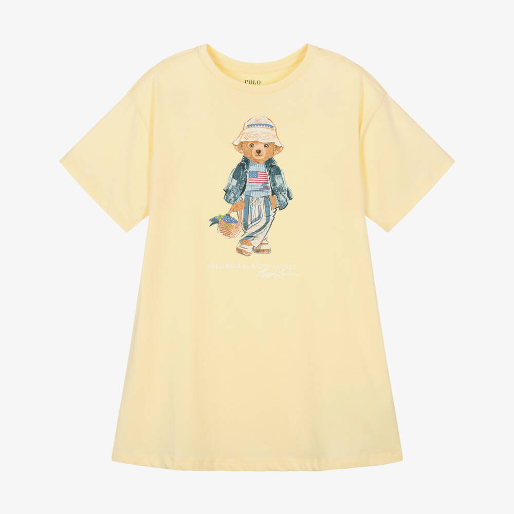 Ralph Lauren-Girls Yellow Cotton T-Shirt Dress with Polo Bear Motif | Childrensalon