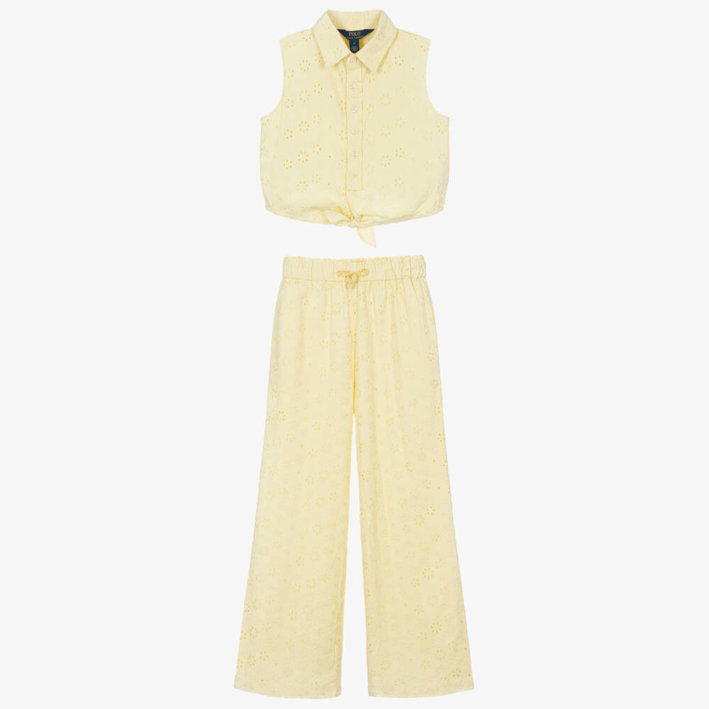 Ralph Lauren-Girls Yellow Embroidered Cotton Sleeveless Top & Trouser Set | Childrensalon