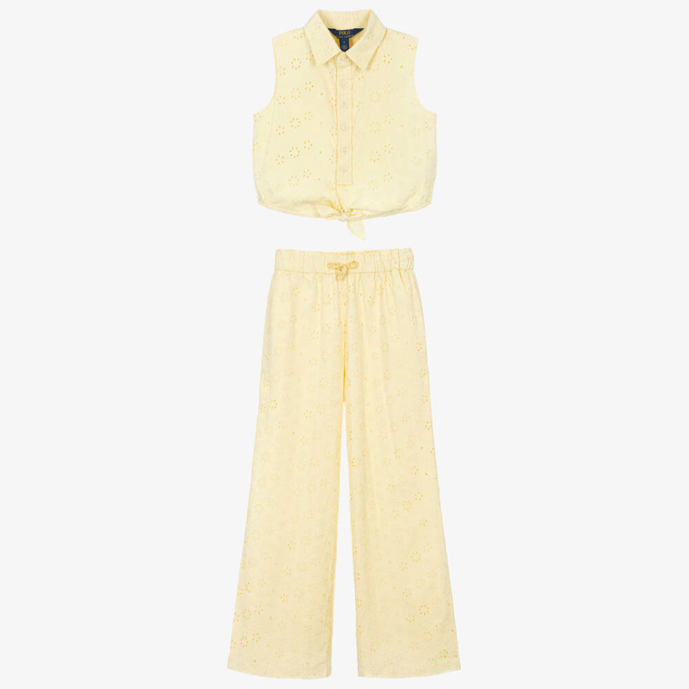 Ralph Lauren-Girls Yellow Embroidered Cotton Sleeveless Top & Trouser Set | Childrensalon