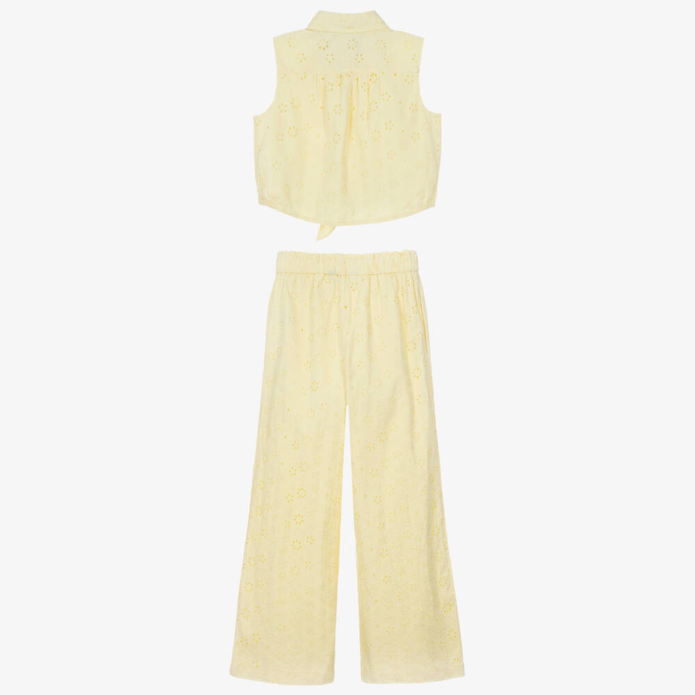 Ralph Lauren-Girls Yellow Embroidered Cotton Sleeveless Top & Trouser Set | Childrensalon
