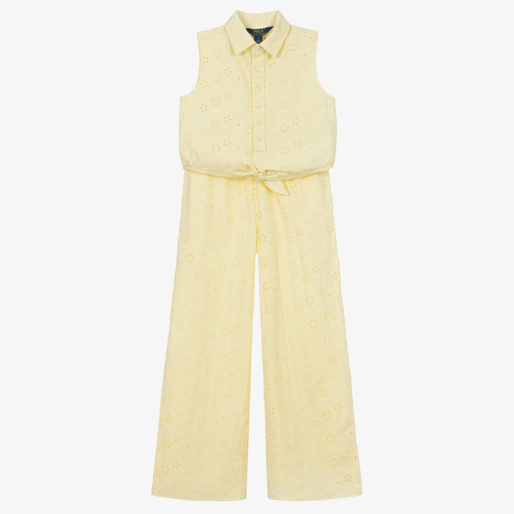 Ralph Lauren-Girls Yellow Embroidered Cotton Sleeveless Top & Trouser Set | Childrensalon