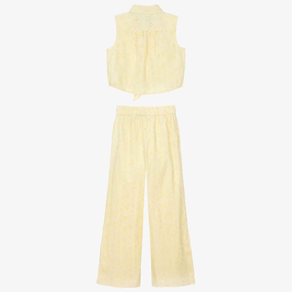 Ralph Lauren-طقم بنطلون وتوب قطن مطرز لون أصفر للبنات | Childrensalon