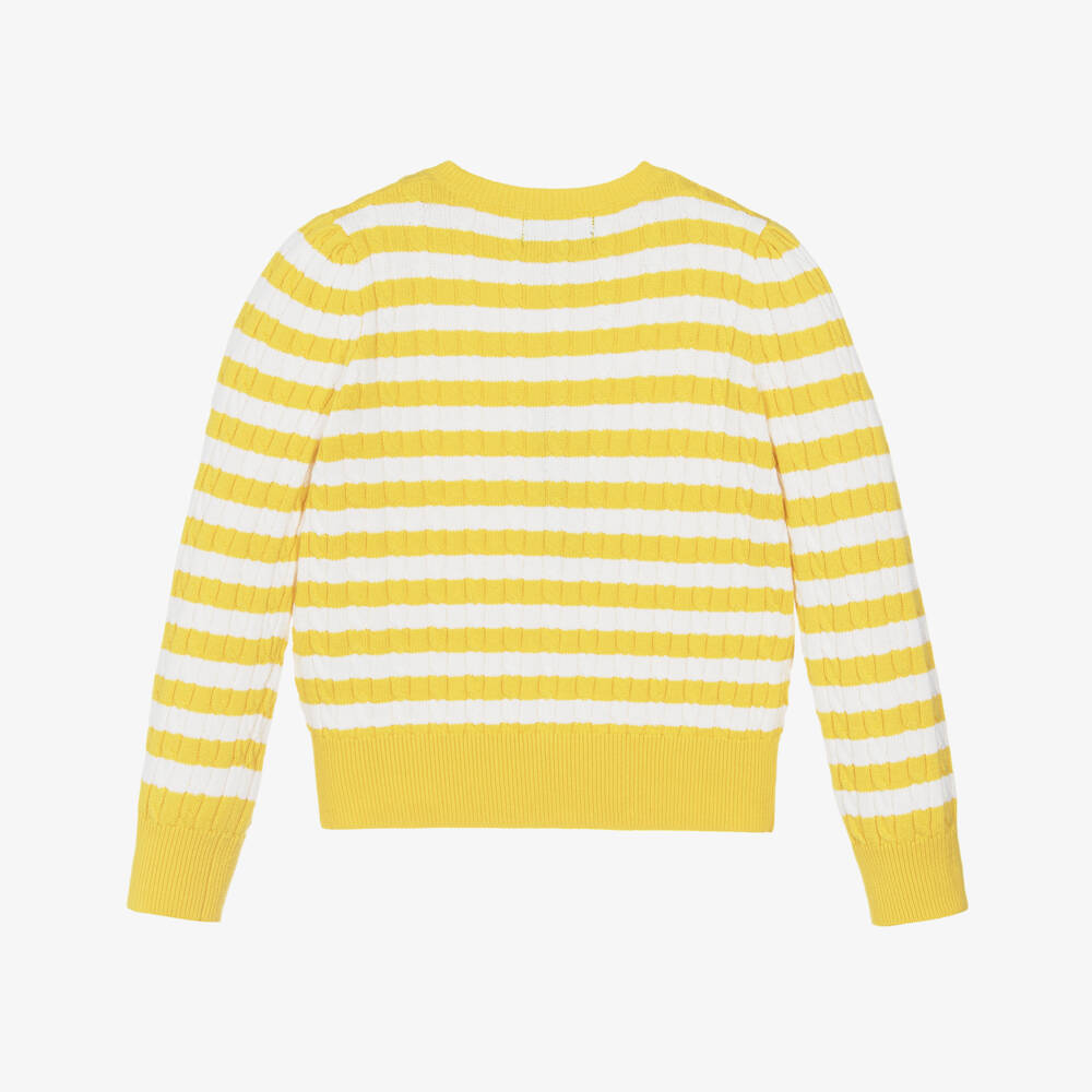 Ralph Lauren-Girls Yellow & Ivory Stripe Cotton Cardigan with Pony Logo | Childrensalon