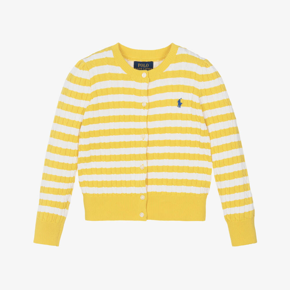 Ralph Lauren-Girls Yellow & Ivory Stripe Cotton Cardigan with Pony Logo | Childrensalon