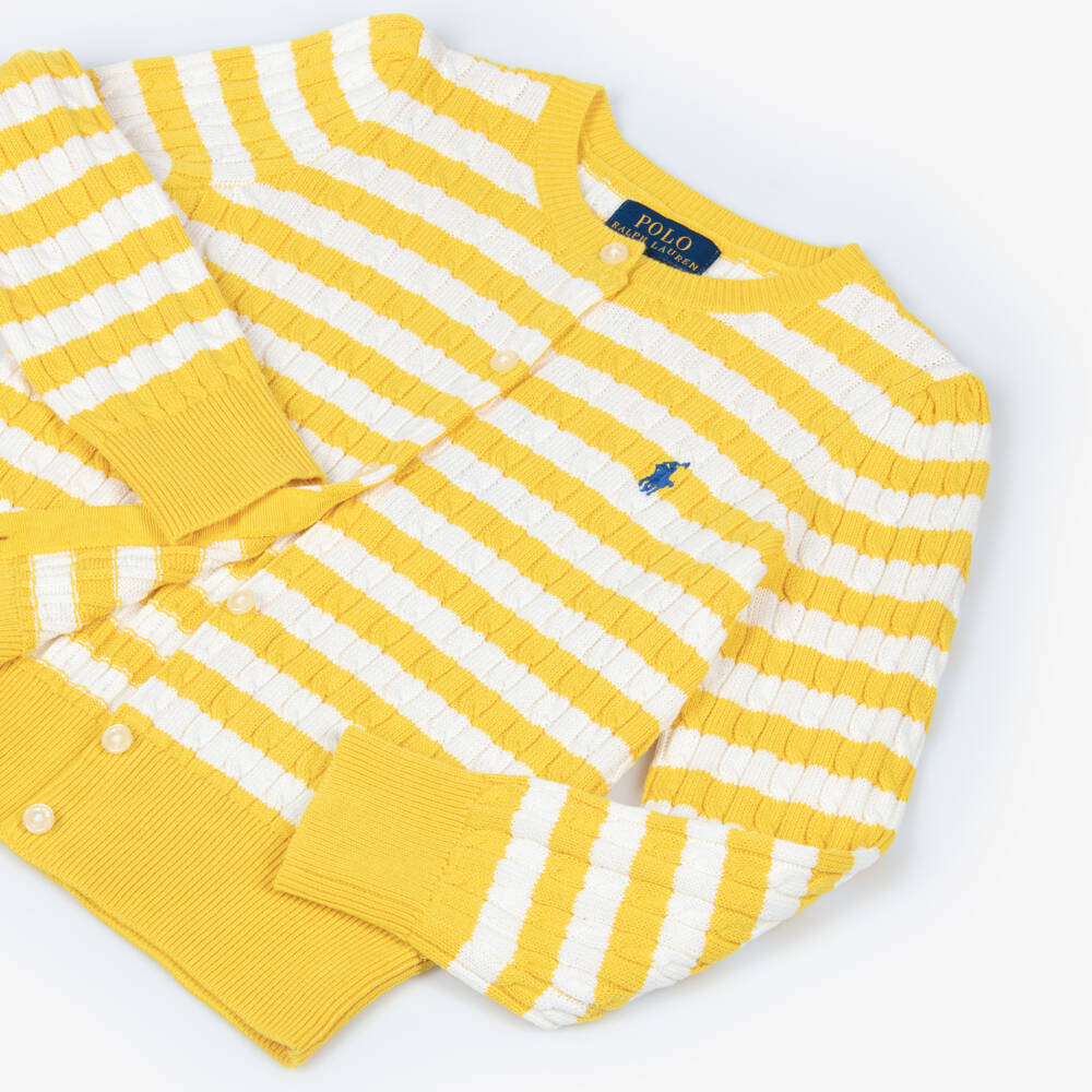 Ralph Lauren-Girls Yellow & Ivory Stripe Cotton Cardigan with Pony Logo | Childrensalon
