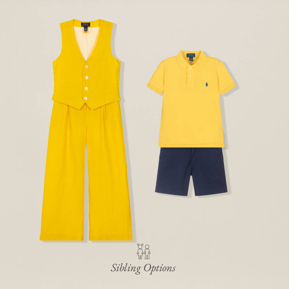 Ralph Lauren-Girls Yellow Linen Waistcoat & Trouser Set | Childrensalon