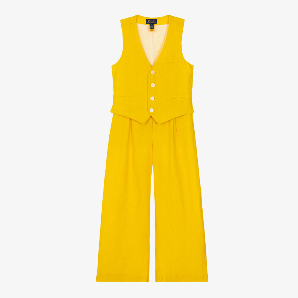 Ralph Lauren-Girls Yellow Linen Waistcoat & Trouser Set | Childrensalon