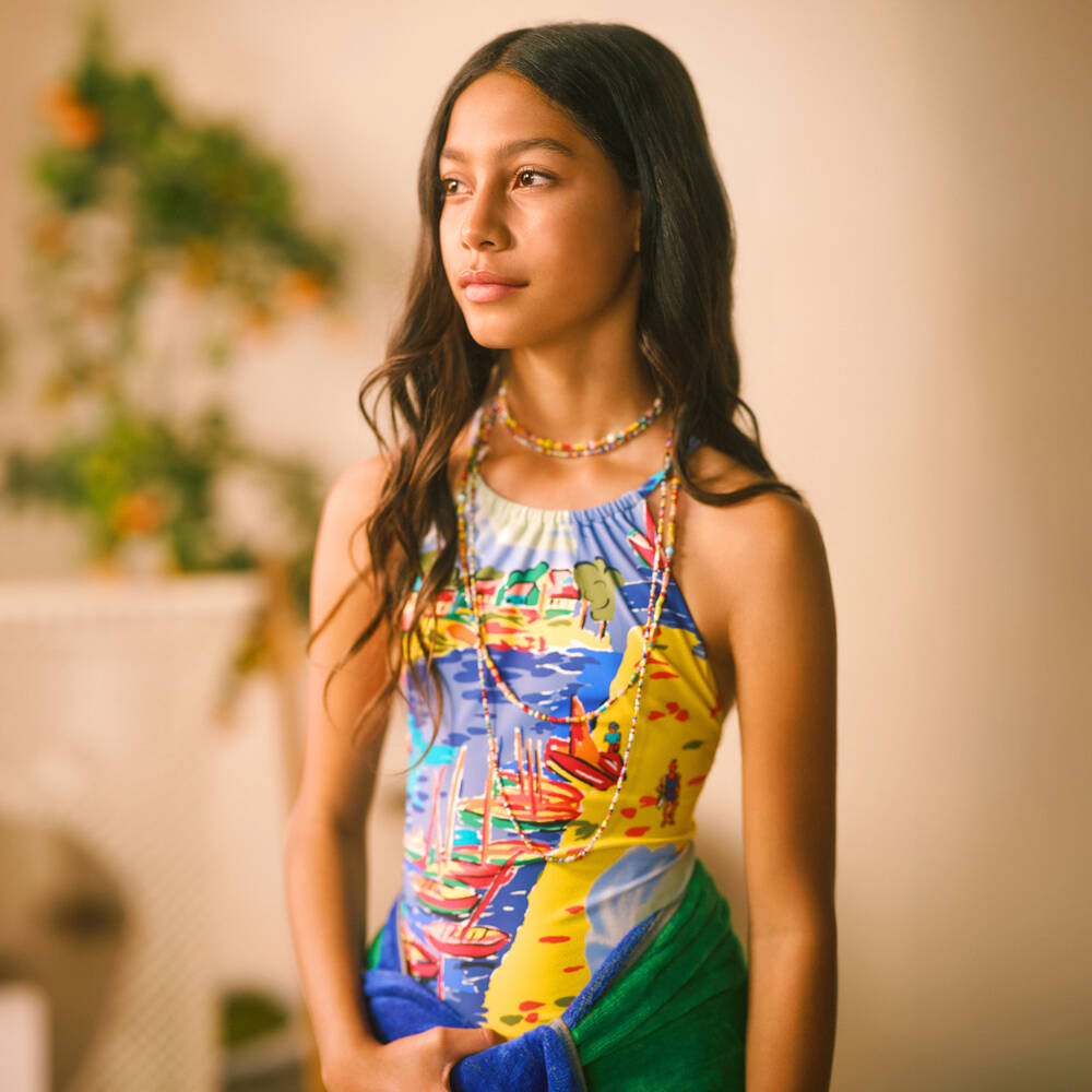 Ralph Lauren-Girls Yellow Riviera Print Swimsuit | Childrensalon