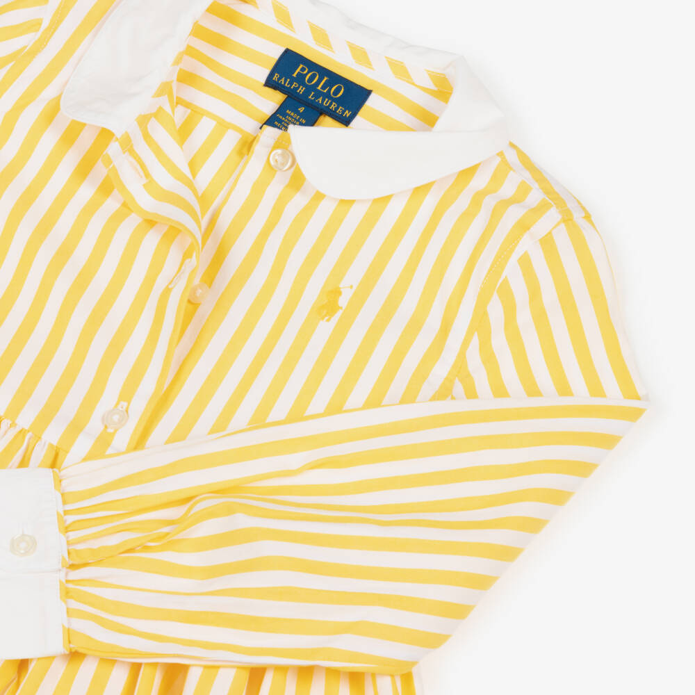 Ralph Lauren-Girls Yellow & White Striped Cotton Shirt Dress | Childrensalon