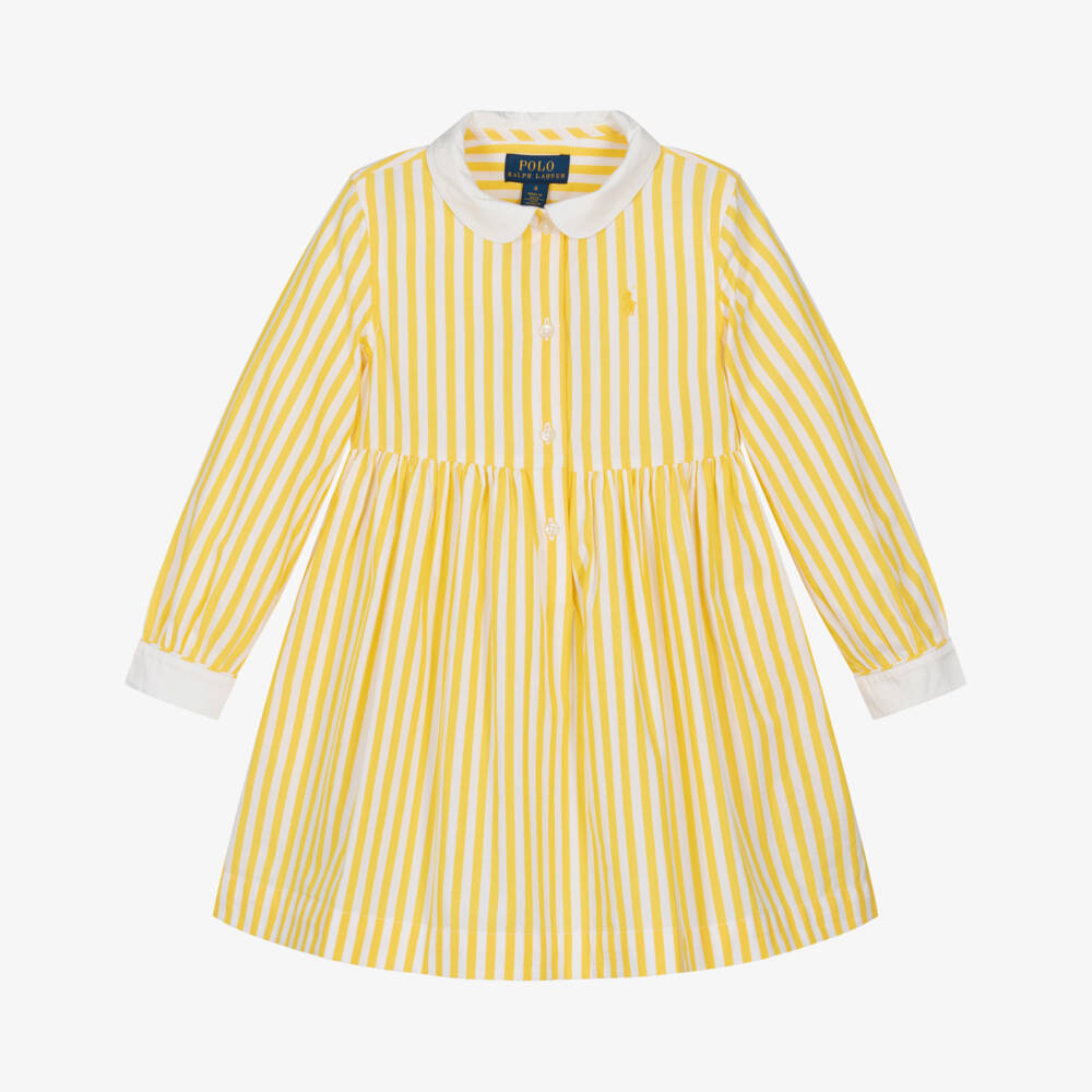 Ralph Lauren-Girls Yellow & White Striped Cotton Shirt Dress | Childrensalon
