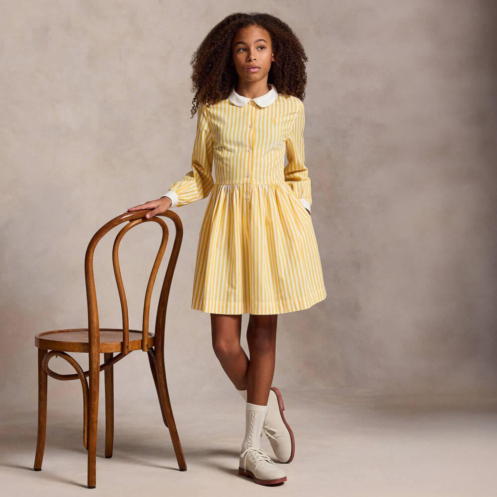 Ralph Lauren-Платье рубашка жёлто-белое в полоску из хлопка для девочек | Childrensalon