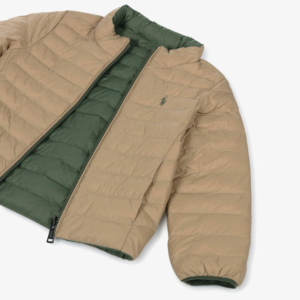 Ralph Lauren-جاكيت منفوخ بوجهين لون بيج وأخضر | Childrensalon