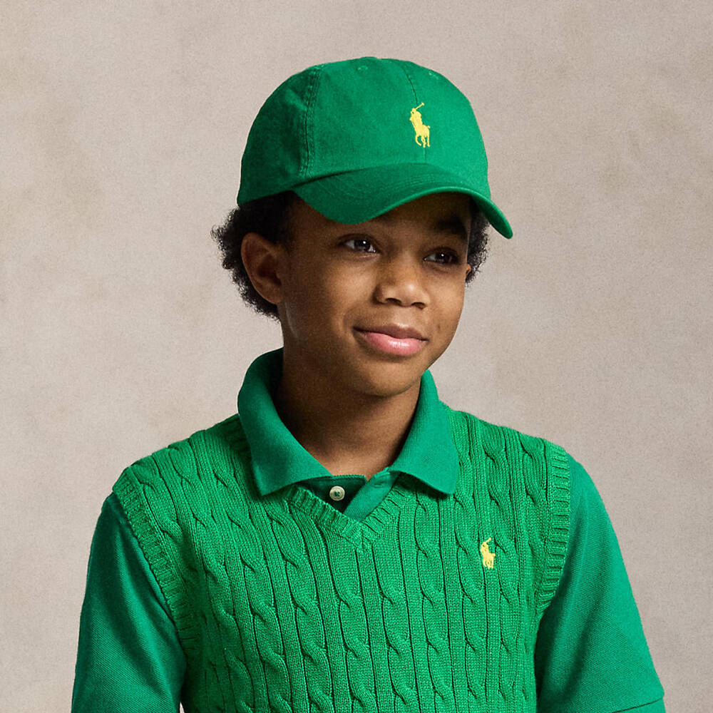 Ralph Lauren-Green Cotton Twill Baseball Cap with Embroidered Logos | Childrensalon
