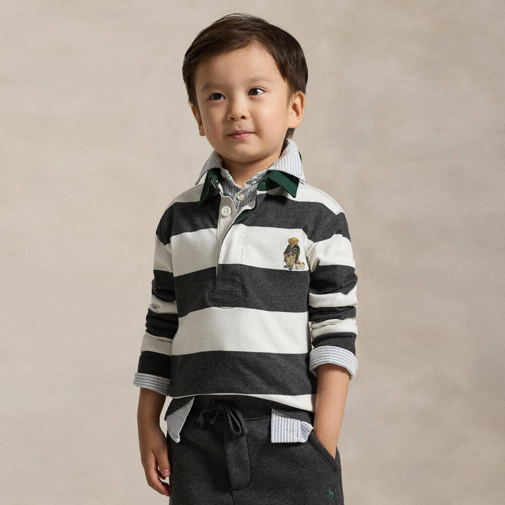 Ralph Lauren-Grey & Ivory Stripe Cotton Rugby Shirt | Childrensalon