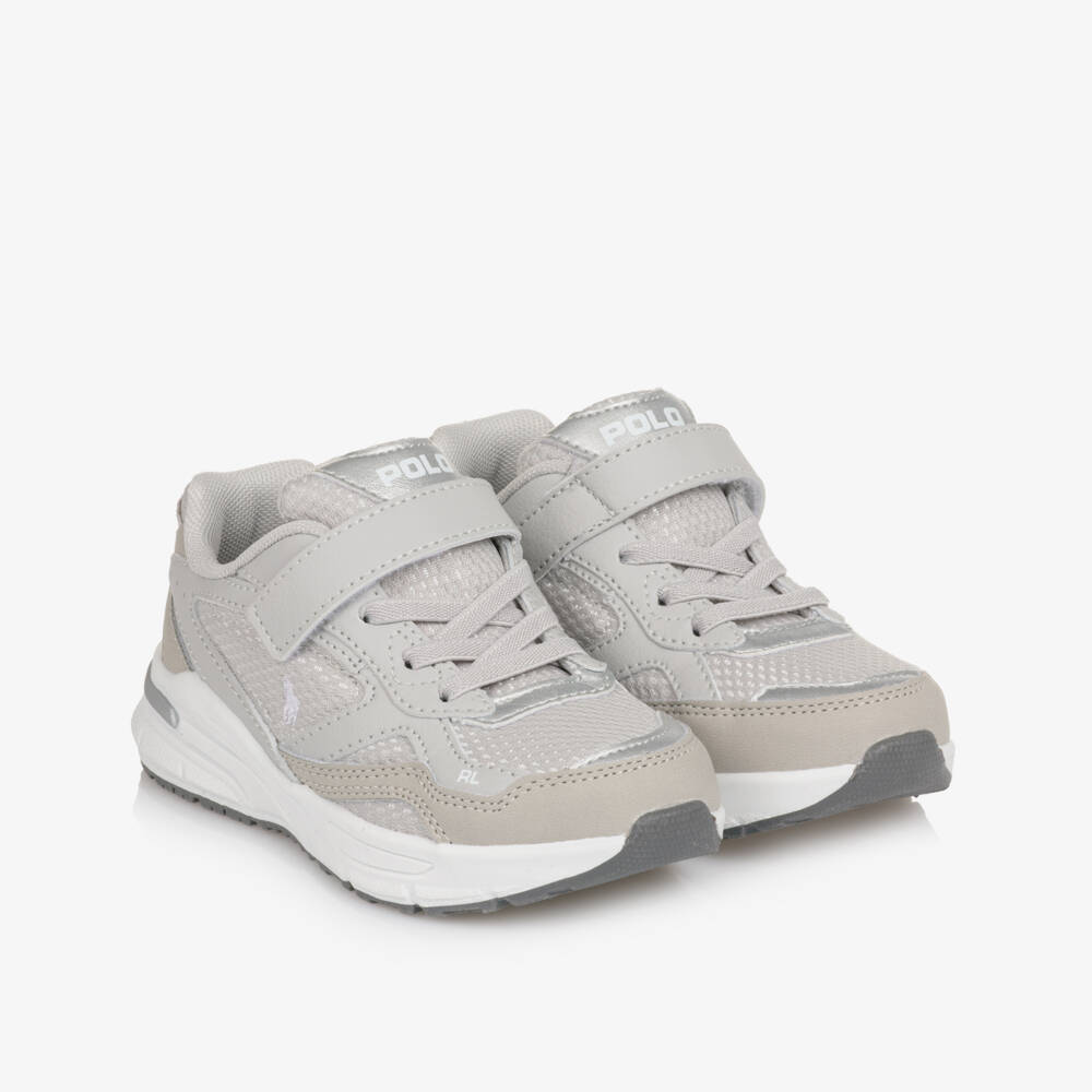 Ralph Lauren-Grey Mesh & Faux Leather Velcro Trainers | Childrensalon