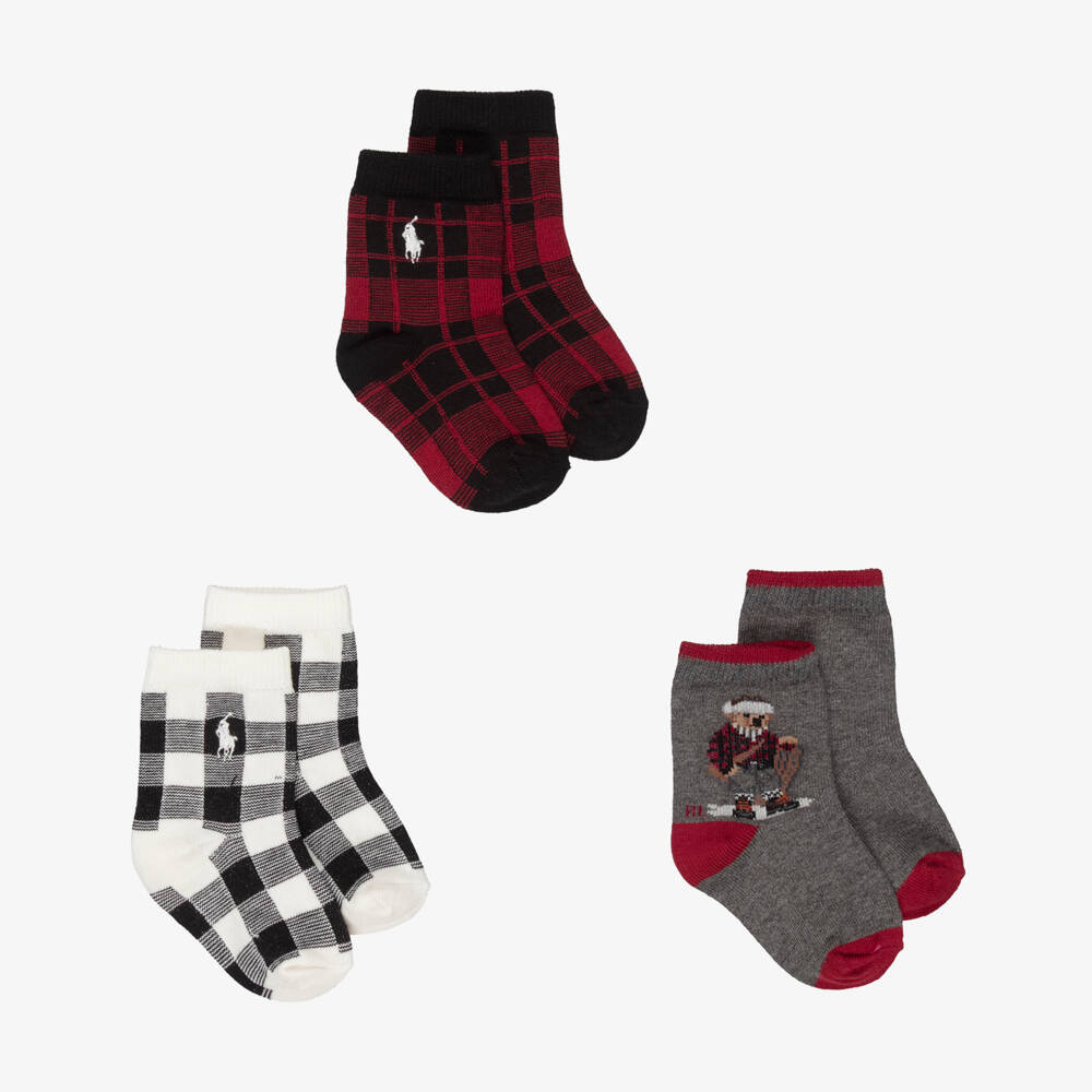 Ralph Lauren-Grey Polo Bear & Black Checked Knitted Baby Socks (3 Pack) | Childrensalon