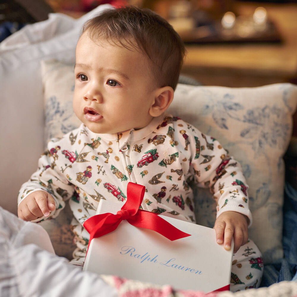 Ralph Lauren-Ivory Cotton Festive Print Babysuit  | Childrensalon