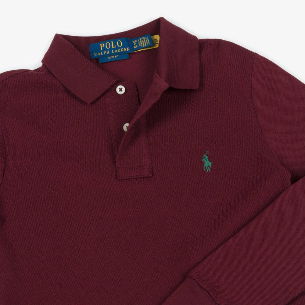 Ralph Lauren-Junior Boys Maroon Red Long-Sleeve Cotton Polo Shirt | Childrensalon