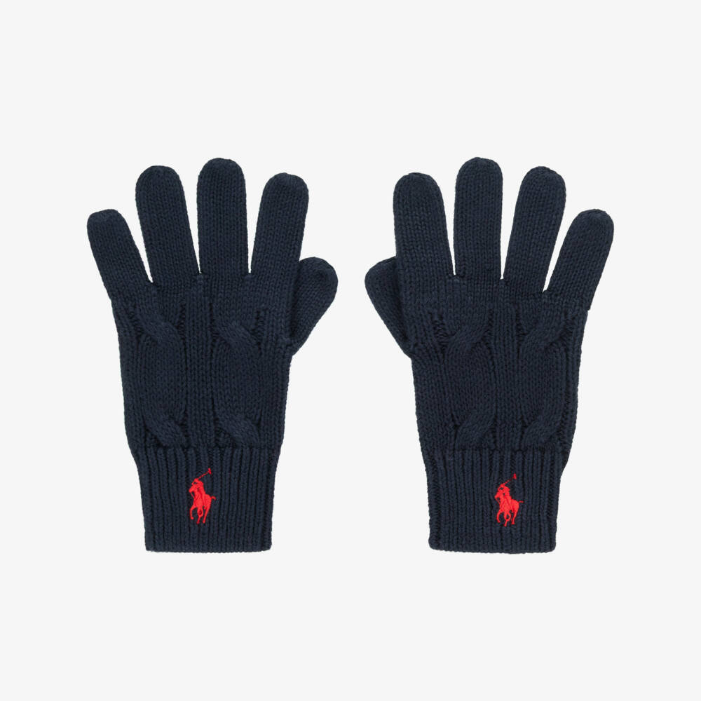 Ralph Lauren-Navy Blue Cotton Cable Knit Gloves | Childrensalon