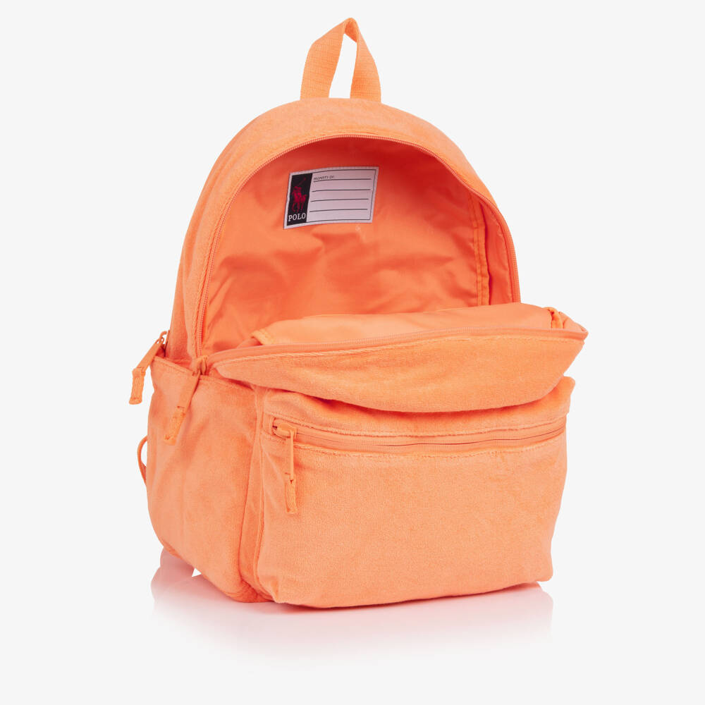 Ralph Lauren-Orange Towelling Backpack with Blue Pony Logo (38cm) | Childrensalon