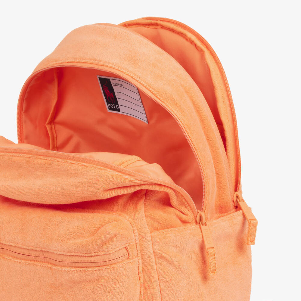 Ralph Lauren-Orange Towelling Backpack with Blue Pony Logo (38cm) | Childrensalon