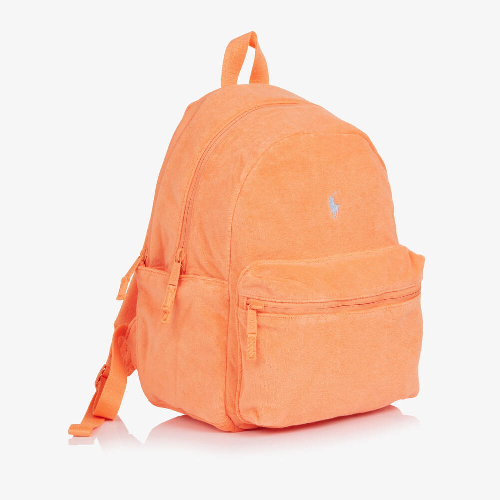 Ralph Lauren-Orange Towelling Backpack with Blue Pony Logo (38cm) | Childrensalon