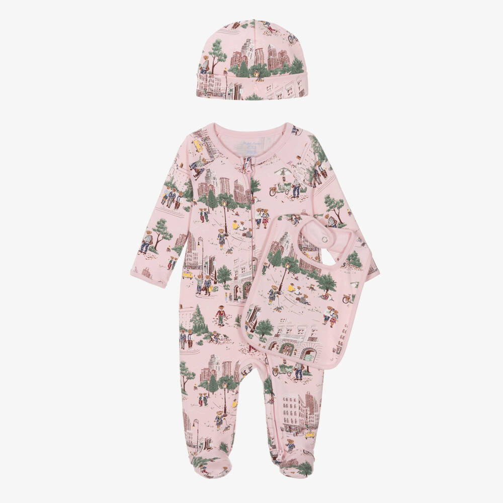 Ralph Lauren-Pink Cotton New York City Babysuit Set | Childrensalon