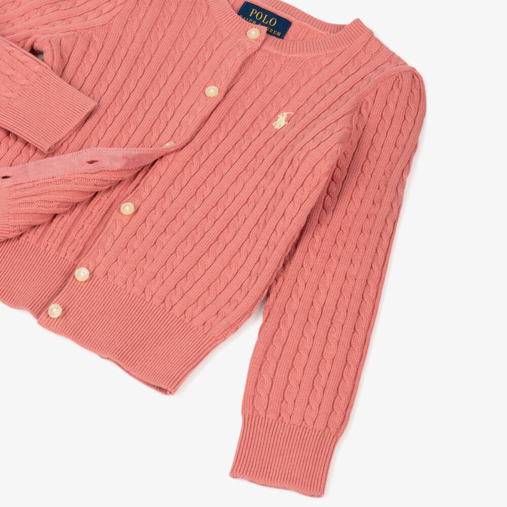 Ralph Lauren-Girls Pink Cotton Cable Knit Cardigan | Childrensalon
