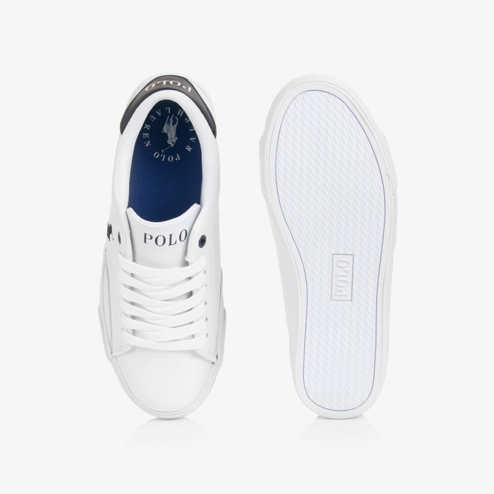 Ralph Lauren-White & Blue Faux Leather Lace-Up Trainers | Childrensalon
