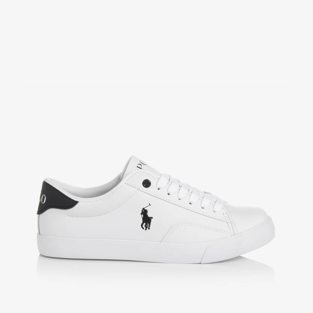 Ralph Lauren-White & Blue Faux Leather Lace-Up Trainers | Childrensalon