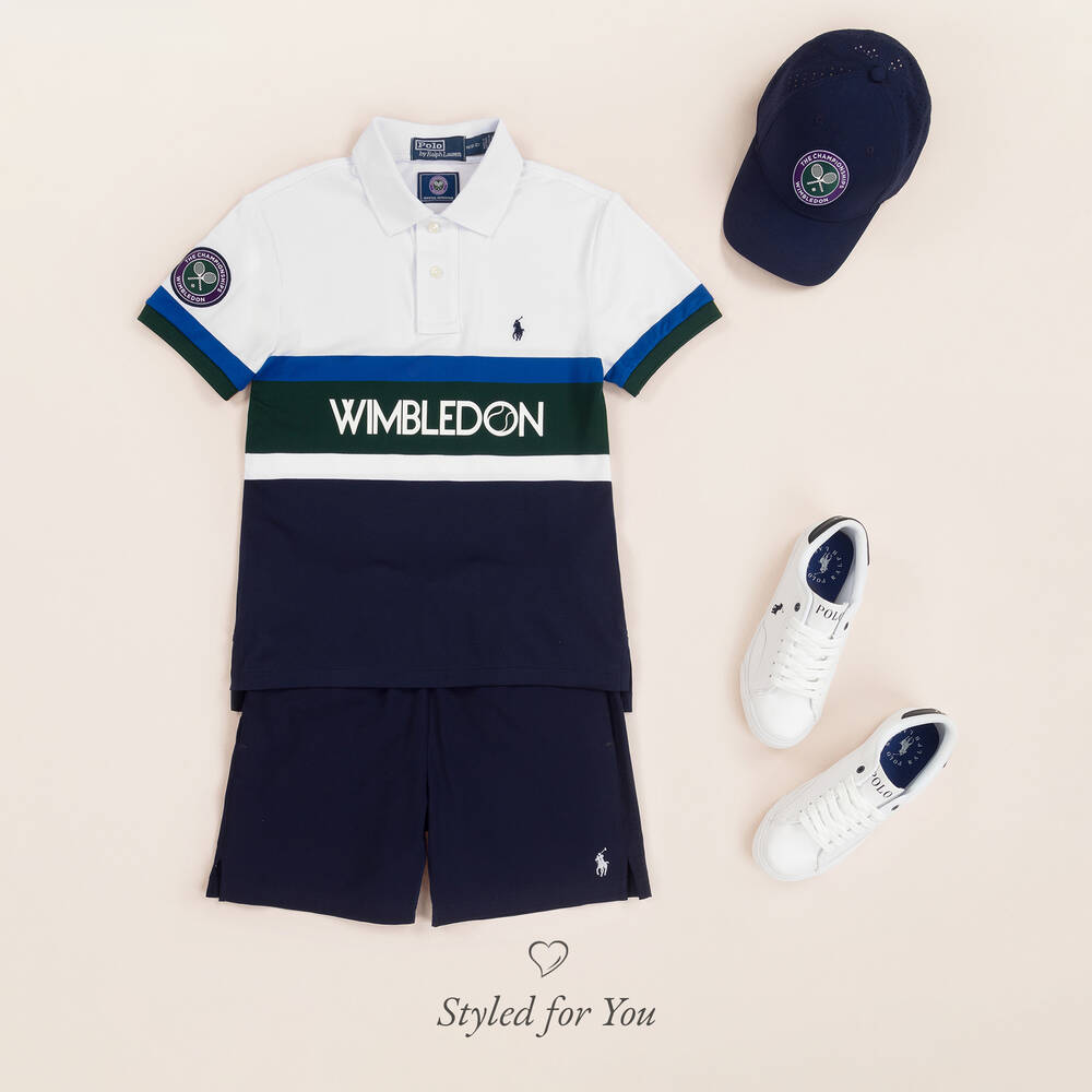 Ralph Lauren-White & Blue Faux Leather Lace-Up Trainers | Childrensalon