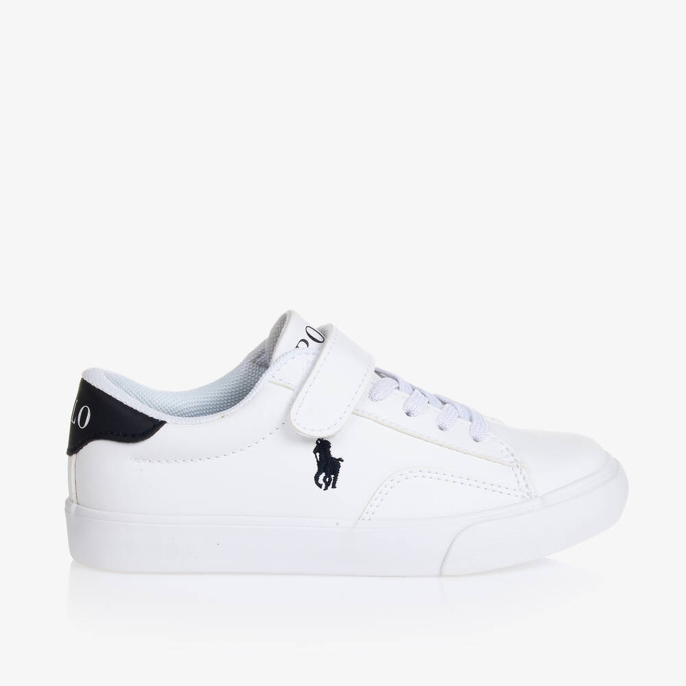 Ralph Lauren-White & Blue Faux Leather Velcro Trainers | Childrensalon