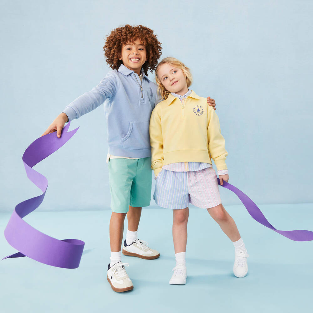 Ralph Lauren-White & Blue Faux Leather Velcro Trainers | Childrensalon