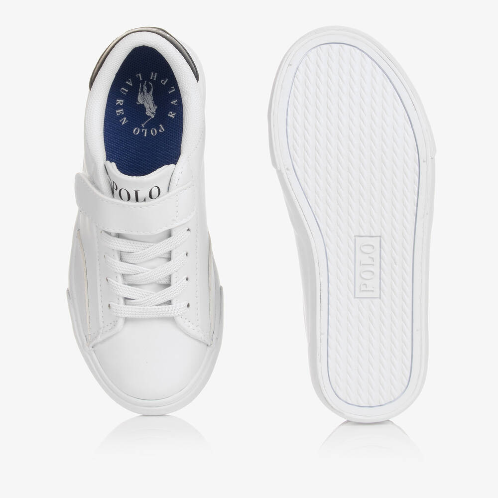 Ralph Lauren-White & Blue Faux Leather Velcro Trainers | Childrensalon